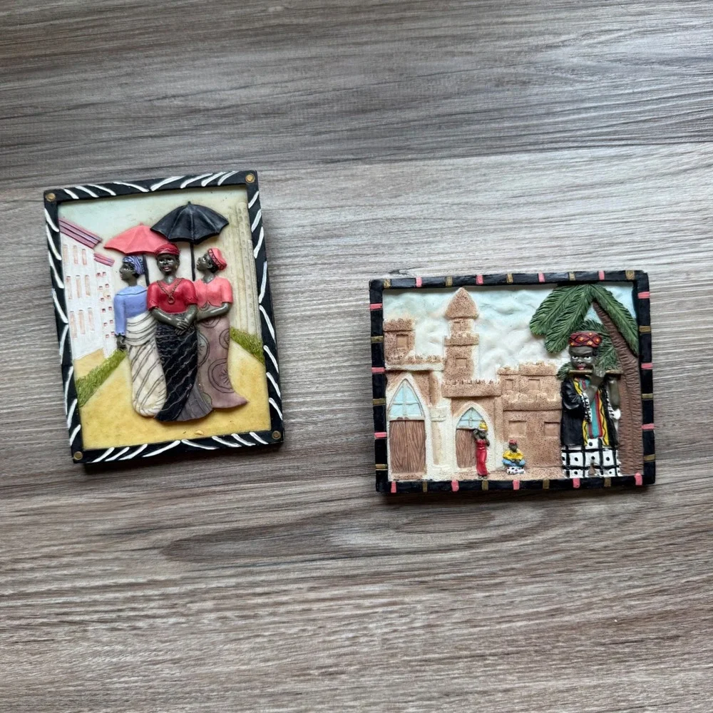 Ks Collection African Village Scene 3D Relief Resin Wall Art Plaques Set of 2